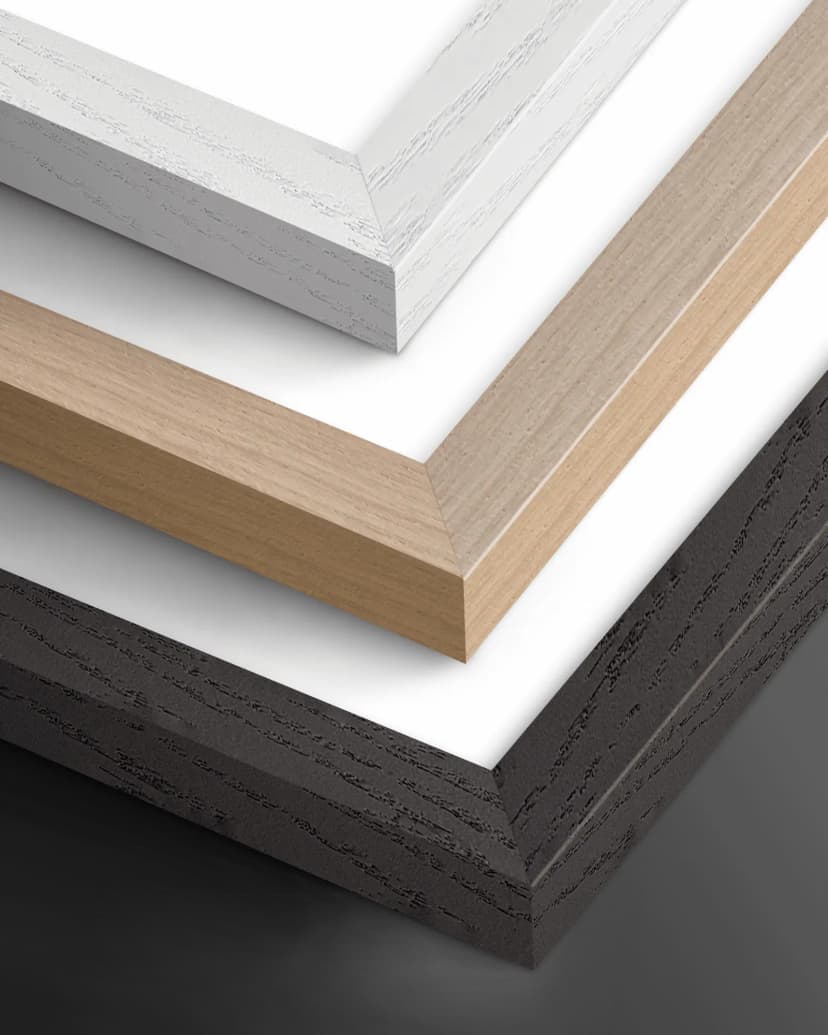 Premium poster frames in white, natural wood, and dark finishes