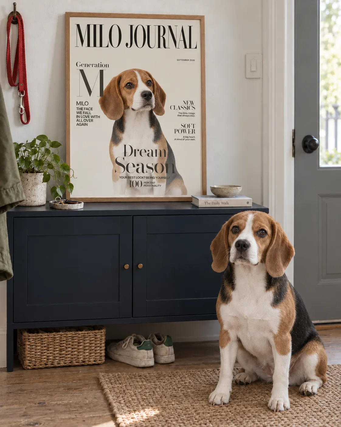 Helles MILO JOURNAL-Magazinposter mit Beagle Milo im Holzrahmen auf einem dunklen Schuhschrank; ein Beagle sitzt daneben.