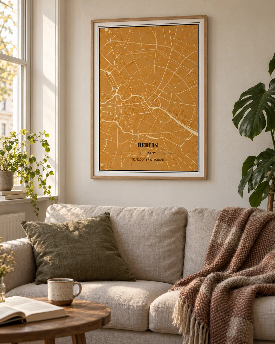 Gerahmte Berlin-Stadtkarte über einem Sofa in einem hellen Wohnzimmer mit Holz und Naturtextilien.