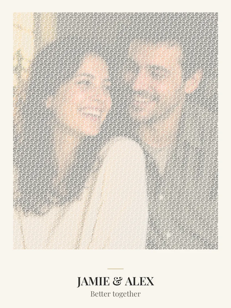 Text art print with a couple’s portrait made from words on an ivory background.