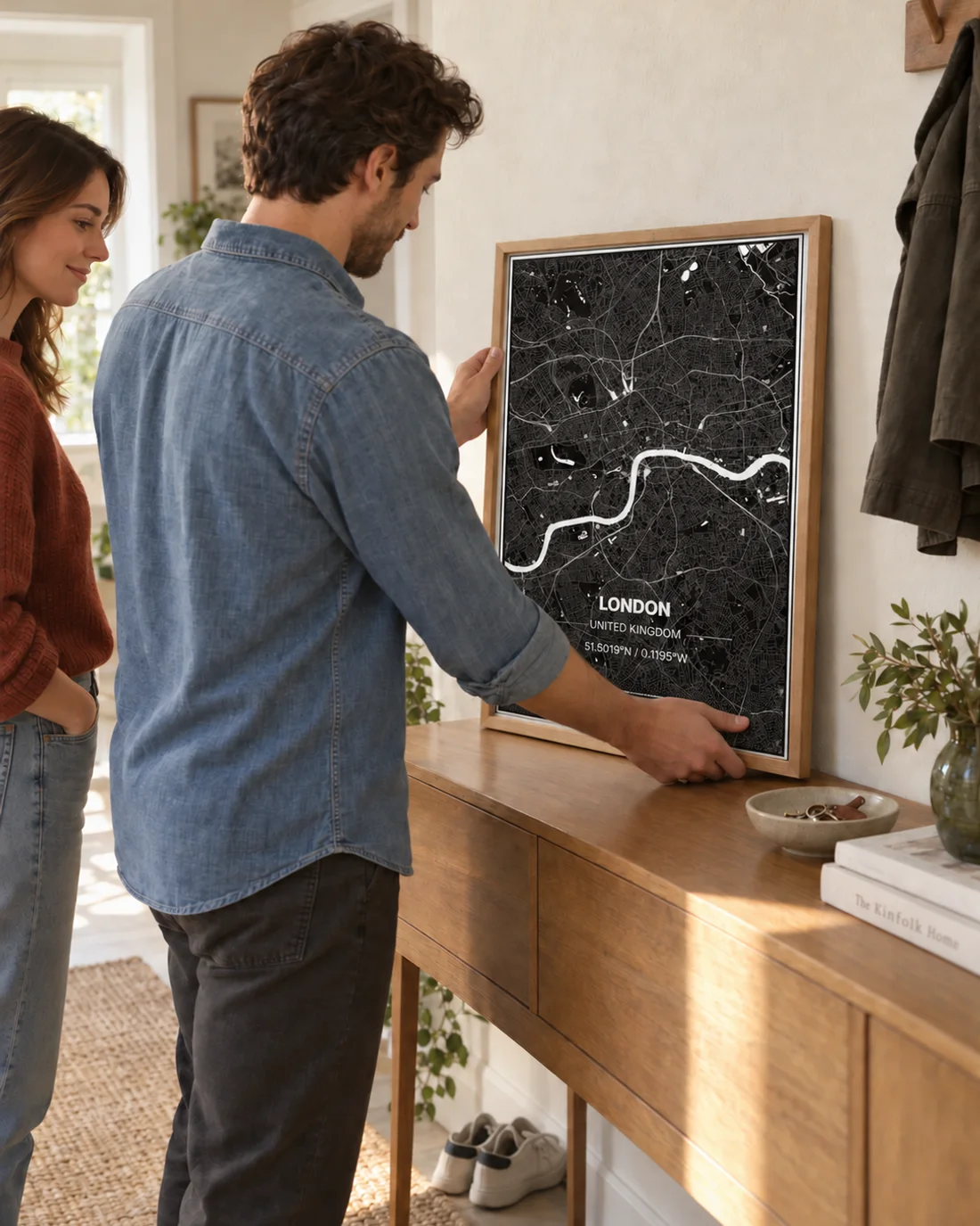 Two people positioning a framed city map on a pale wall.